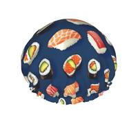 Cuffia da doccia colorata con stampa a sfera di riso per sushi, per donne, riutilizzabile, a doppio strato, fascia elastica, per capelli lunghi da bagno per la doccia