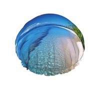 Cuffia da doccia con albero di cocco, blu, per donne e uomini, grande, riutilizzabile, a doppio strato, impermeabile, con fascia elastica, per tutte le acconciature, adatta ai viaggi