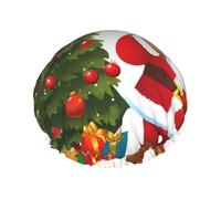 Cuffia da doccia con albero di Natale di Babbo Natale, per donne e uomini, grande, riutilizzabile, a doppio strato, impermeabile, con fascia elastica, per tutte le acconciature, adatta ai viaggi