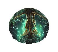 Cuffia da doccia con albero verde magico per donne, a doppio strato, per capelli spessi, riutilizzabile, impermeabile, con fascia elastica, cappello da doccia lavabile, per uomini e donne, salone spa