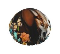 Cuffia da doccia con cavallo con fiori e farfalle, per donne e uomini, regolabile, riutilizzabile, a doppio strato, impermeabile, fodera in EVA, fascia elastica per capelli per tutte le lunghezze