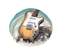 Cuffia da doccia con chitarra sulla spiaggia, per donne e uomini, regolabile, riutilizzabile, a doppio strato, impermeabile, fodera in EVA, fascia elastica per capelli per tutte le lunghezze