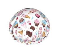 Cuffia da doccia con ciambella al cioccolato con stampa gelato, da donna, riutilizzabile, a doppio strato, con fascia elastica per capelli lunghi, cuffia da bagno per doccia