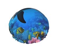 Cuffia da doccia con delfino nella barriera corallina, per donne e uomini, grande, riutilizzabile, a doppio strato, impermeabile, con fascia elastica, per tutte le acconciature, adatta ai viaggi