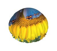 Cuffia da doccia con farfalla blu girasole per donne e uomini, grande, riutilizzabile, a doppio strato, impermeabile, con fascia elastica, per tutte le acconciature, adatta ai viaggi