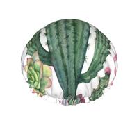 Cuffia da doccia con fenicottero rosa e piante grasse, con stampa, grande, lavabile, fascia elastica da bagno