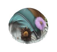 Cuffia da doccia con fiore di piume, per donne e uomini, grande, riutilizzabile, a doppio strato, impermeabile, con fascia elastica, per tutte le acconciature, adatta ai viaggi