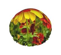 Cuffia da doccia con fiori gialli e rossi, riutilizzabile, a doppio strato, impermeabile, con fascia elastica, cappello da bagno per spa, salone, doccia, per donne e uomini