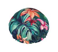 Cuffia da doccia con foglie tropicali floreali per donne e uomini, regolabile, riutilizzabile, a doppio strato, impermeabile, fodera in EVA, fascia elastica per capelli per tutte le lunghezze di