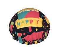 Cuffia da doccia con immagini di buon compleanno, per donne e uomini, regolabile, riutilizzabile, a doppio strato, impermeabile, fodera in EVA, fascia elastica per capelli per tutte le lunghezze