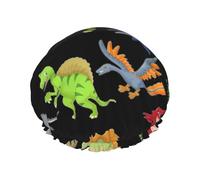 Cuffia da doccia con immagini di dinosauri in stile cartone animato, unisex, riutilizzabile, impermeabile, antiscivolo, ad asciugatura rapida, grande, per capelli lunghi e corti