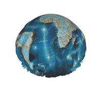 Cuffia da doccia con mappa del mondo, unisex, regolabile, riutilizzabile, a doppio strato, impermeabile, fodera in EVA, fascia elastica per capelli per tutte le lunghezze di capelli