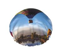 Cuffia da doccia con mongolfiera per donne e uomini, grande, riutilizzabile, a doppio strato, impermeabile, con fascia elastica, per tutte le acconciature, adatta ai viaggi