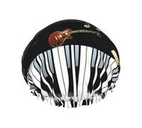 Cuffia da doccia con motivo a chitarra e pianoforte, a doppio strato, traspirante, con cinghia elastica regolabile, durevole