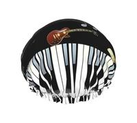 Cuffia da doccia con motivo chitarra e pianoforte, riutilizzabile, a doppio strato, con fascia elastica, perfetta per casa, spa, hotel e viaggi