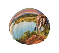 Cuffia da doccia con paesaggio africano con fiume del Nilo e giraffa, riutilizzabile, a doppio strato, impermeabile, con fascia elastica, cappello da bagno per spa, salone, doccia, per donne e uomini