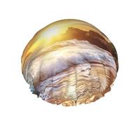 Cuffia da doccia con paesaggio al tramonto da spiaggia, per donne e uomini, grande, riutilizzabile, a doppio strato, impermeabile, con fascia elastica, per tutte le acconciature, adatta ai viaggi