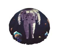 Cuffia da doccia con pianeti del sistema solare astronauta per donne e uomini, grande, riutilizzabile, a doppio strato, impermeabile, con fascia elastica, per tutte le acconciature, adatta ai viaggi