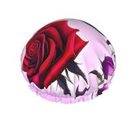 Cuffia da doccia con rose rosse e viola, per donne e uomini, grande, riutilizzabile, a doppio strato, impermeabile, con fascia elastica, per tutte le acconciature, adatta ai viaggi
