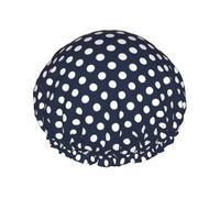Cuffia da doccia con stampa a pois bianchi su blu navy 01 da donna, riutilizzabile a doppio strato, fascia elastica, per capelli lunghi, per doccia
