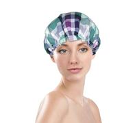 Cuffia da doccia con stampa a scacchi, impermeabile, riutilizzabile, per capelli da donna, a doppio strato, elastico, protezione per capelli