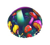 Cuffia da doccia con stampa artistica con funghi luminosi, da donna, grande, lavabile, con fascia elastica