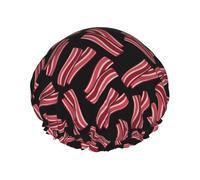 Cuffia da doccia, con stampa bacon, nera, da donna, riutilizzabile, impermeabile, cuffia per capelli per doccia, doppio strato, fascia elastica per capelli lunghi