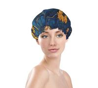 Cuffia da doccia con stampa blu caffè, impermeabile, riutilizzabile, per capelli da donna, cappello da doccia elastico a doppio strato