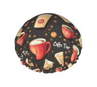 Cuffia da doccia con stampa Coffee Time, da donna, riutilizzabile, a doppio strato, con fascia elastica per capelli lunghi, per doccia