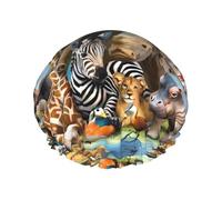 Cuffia da doccia con stampa di animali africani, a doppio strato, traspirante, con cinghia elastica regolabile, durevole