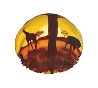 Cuffia da doccia con stampa di animali africani al tramonto, da donna, riutilizzabile, impermeabile, a doppio strato, con cinturino elastico, taglia unica