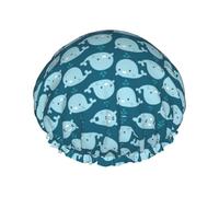 Cuffia da doccia con stampa di balene in stile cartone animato, riutilizzabile, a doppio strato, mantiene i capelli asciutti, si adatta a tutte le teste