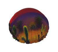 Cuffia da doccia con stampa di cactus al tramonto nel deserto, cuffia per capelli riutilizzabile, a doppio strato, fascia elastica regolabile, durevole essenziale da viaggio