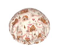 Cuffia da doccia con stampa di cottage rosa, da donna, riutilizzabile, a doppio strato, con fascia elastica per capelli lunghi, cuffia da bagno per doccia