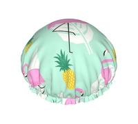 Cuffia da doccia con stampa di fenicottero rosa ananas grande impermeabile per capelli lunghi da donna con fascia elastica lavabile