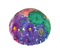 Cuffia da doccia con stampa di fiori arcobaleno da donna, riutilizzabile, impermeabile, a doppio strato, con cinturino elastico, taglia unica