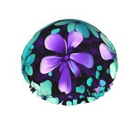 Cuffia da doccia con stampa di fiori viola e verde acqua per le donne leggera riutilizzabile Softdouble strati impermeabili a prova di perdite.