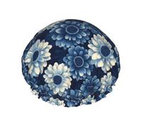 Cuffia da doccia con stampa di girasole blu, da donna, riutilizzabile, a doppio strato, con fascia elastica per capelli lunghi, cuffia da bagno per doccia