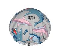 Cuffia da doccia con stampa di pesce blu stile cartone animato, riutilizzabile, a doppio strato, mantiene i capelli asciutti, si adatta a tutte le teste