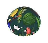 Cuffia da doccia con stampa di uccelli tropicali e foglie di piante, riutilizzabile, a doppio strato, mantiene i capelli asciutti, si adatta a tutte le teste