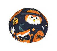 Cuffia da doccia con stampa di zucca fantasma gufo di Halloween, protezione per capelli riutilizzabile, doppio strato, cinturino elastico regolabile, essenziale da viaggio