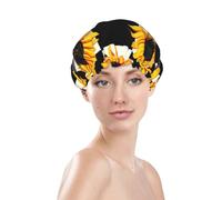 Cuffia da doccia con stampa girasole a scacchi bianchi e neri, impermeabili, riutilizzabili, per capelli da donna, doppio strato elastico per la protezione dei capelli