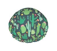 Cuffia da doccia con stampa illustrazione senza cuciture con cactus carino - riutilizzabile, doppio strato, essenziale per viaggi in hotel, accessori per cappello da doccia da salone L
