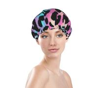 Cuffia da doccia con stampa leopardata al neon, impermeabile, riutilizzabile, per capelli da donna, doppio strato, elastico, protezione per capelli