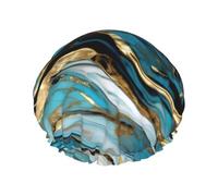 Cuffia da doccia con stampa marmorizzata blu turchese oro per le donne leggera riutilizzabile Softdouble strati impermeabili a prova di perdite.