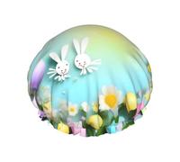 Cuffia da doccia con stampa primaverile Happy Easter Holiday grande, fascia elastica per capelli, doppio strato impermeabile, per donne, uomini e bambini