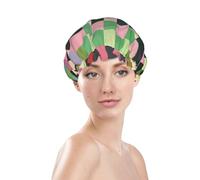 Cuffia da doccia con stampa retrò a scacchi, impermeabile e riutilizzabile, per capelli da donna, cappello da doccia elastico a doppio strato