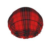 Cuffia da doccia con stampa scozzese rossa e nera per donne, leggera, riutilizzabile, morbida, a doppio strato, impermeabile, a prova di perdite.