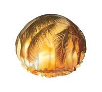 Cuffia da doccia con stampa tropicale con palme e tramonto sulla spiaggia, cuffia da doccia foderata per le donne riutilizzabile, cuffia da bagno impermeabile a doppio strato