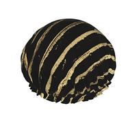 Cuffia da doccia con strisce diagonali glitterate dorate su cuffia da bagno riutilizzabile nera Cuffia da doccia elastica impermeabile per cappucci per capelli di tutte le lunghezze